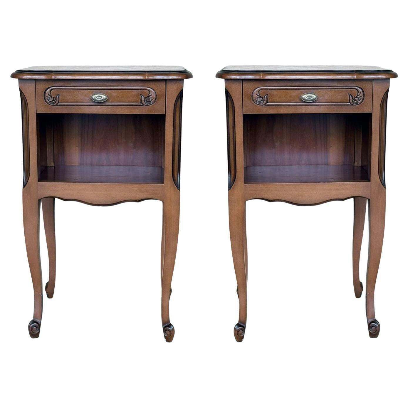 20th Walnut Nightstands Tables With Drawer And Open Shelf, 1940
