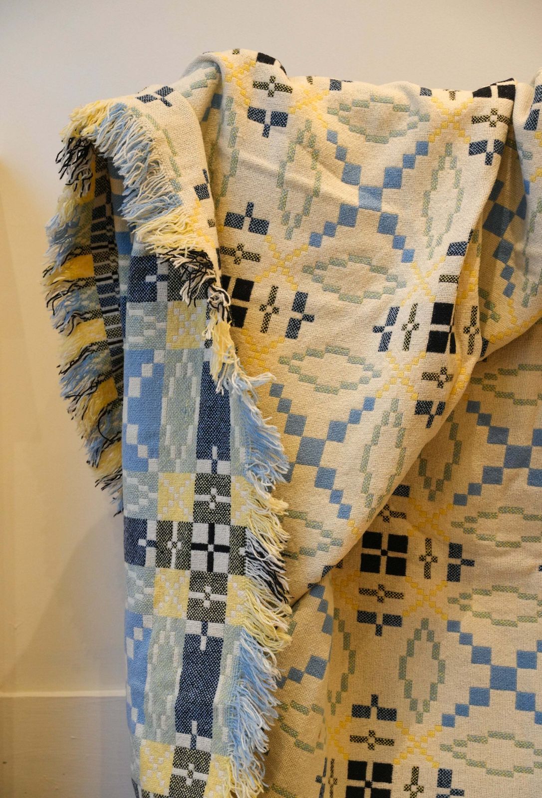 Large Navy & Yellow Derw Mill Welsh Blanket photo for sale