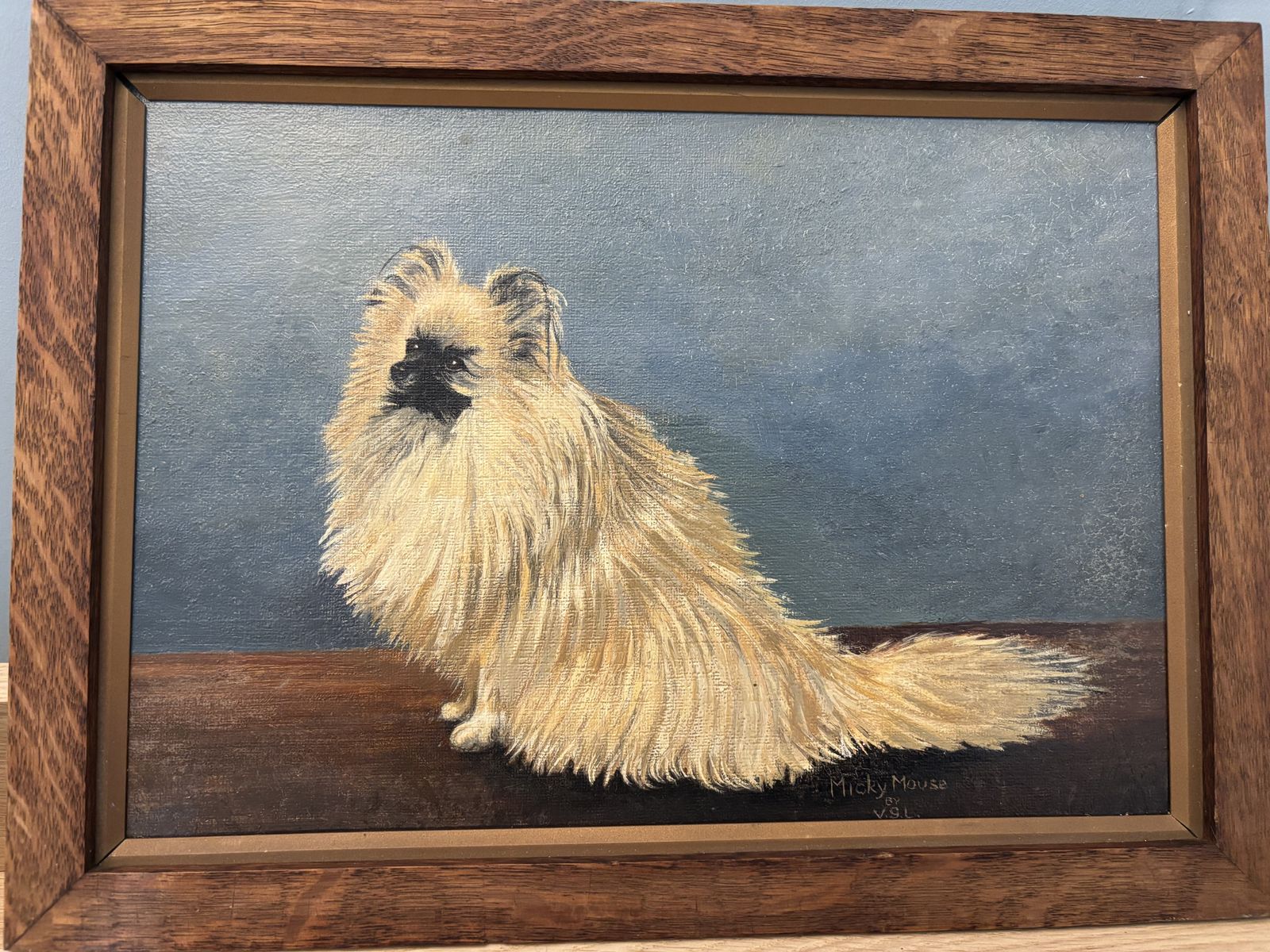 Charming 1930s Oil Painting Portrait Of Pekinese Dog