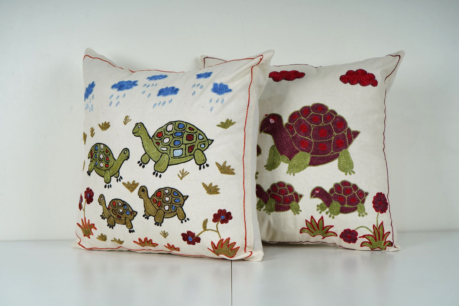 Handmade Suzani Turtle Pillow Cover, Uzbek Embroidered Cushion photo for sale