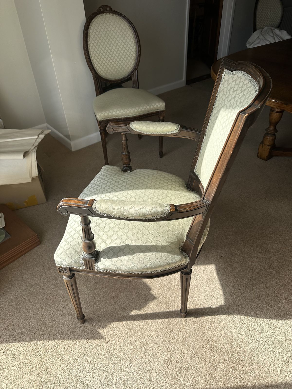 French Empire Style Pair Of Carvers C. 1890 + Set Of Six Upholstered Back French Empire Style Dining Chairs с. 1880 photo furniture