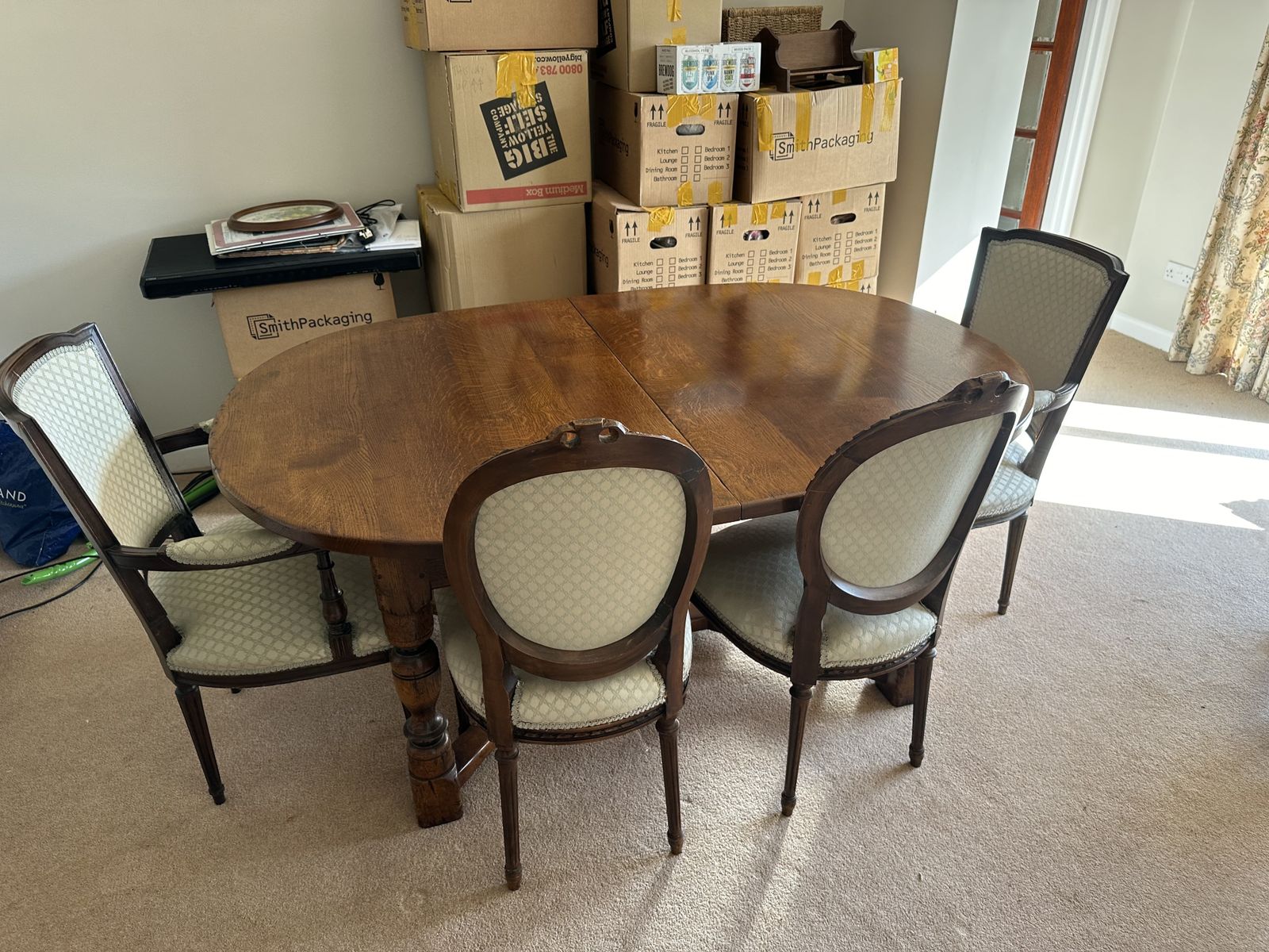 photo for sale French Empire Style Pair Of Carvers C. 1890 + Set Of Six Upholstered Back French Empire Style Dining Chairs с. 1880