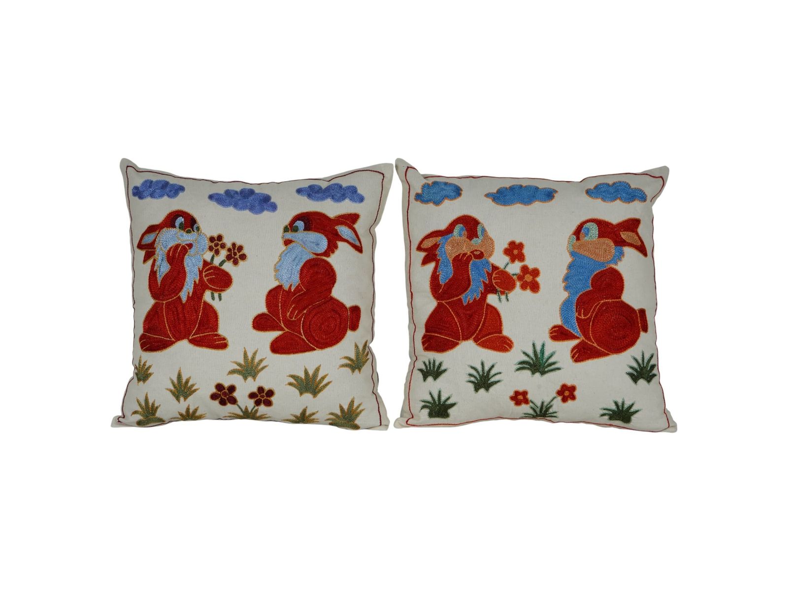 Red Bunny Suzani Pillow Cover Pair, Embroidered Folk Art Cushion
