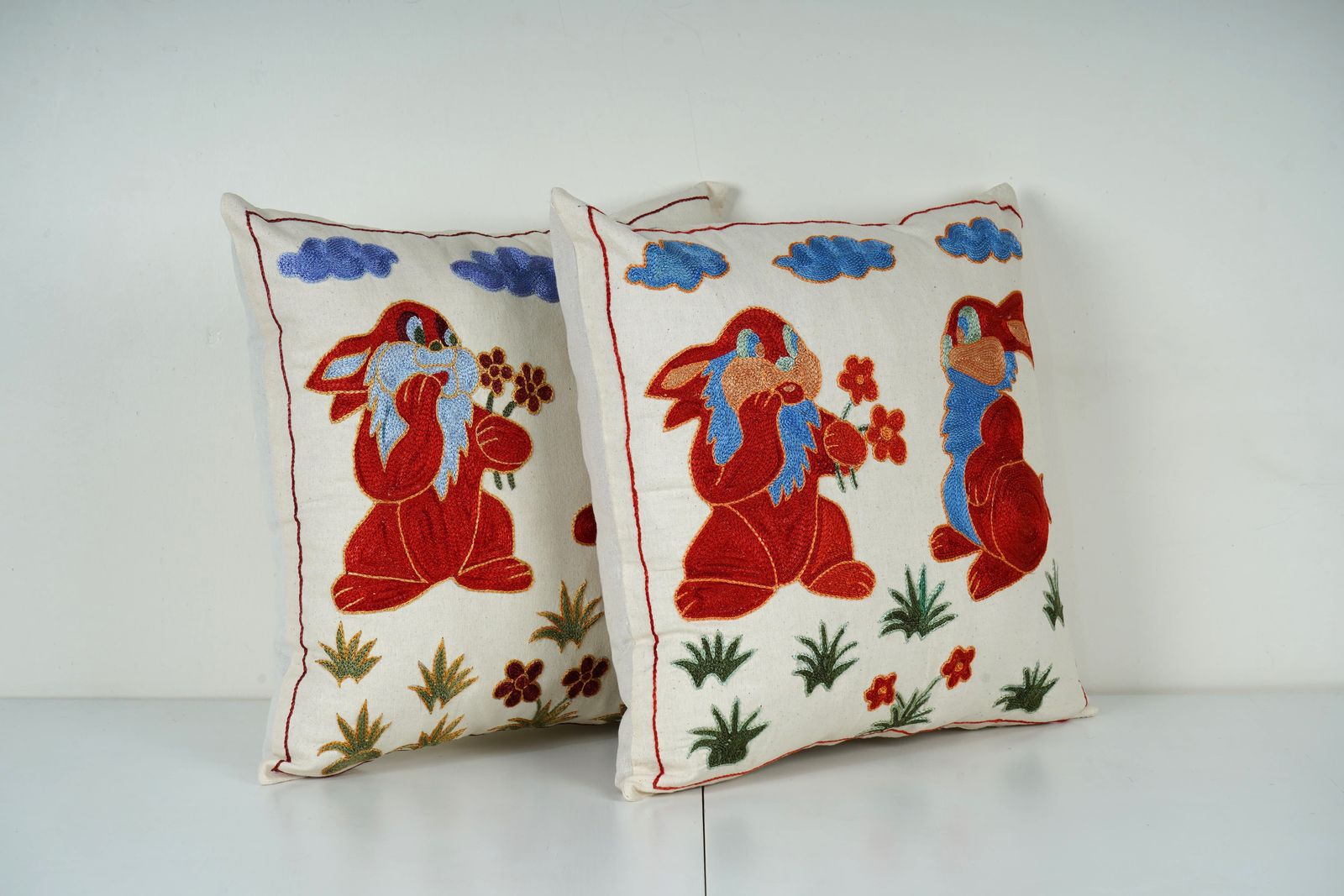 Red Bunny Suzani Pillow Cover Pair, Embroidered Folk Art Cushion photo Textiles