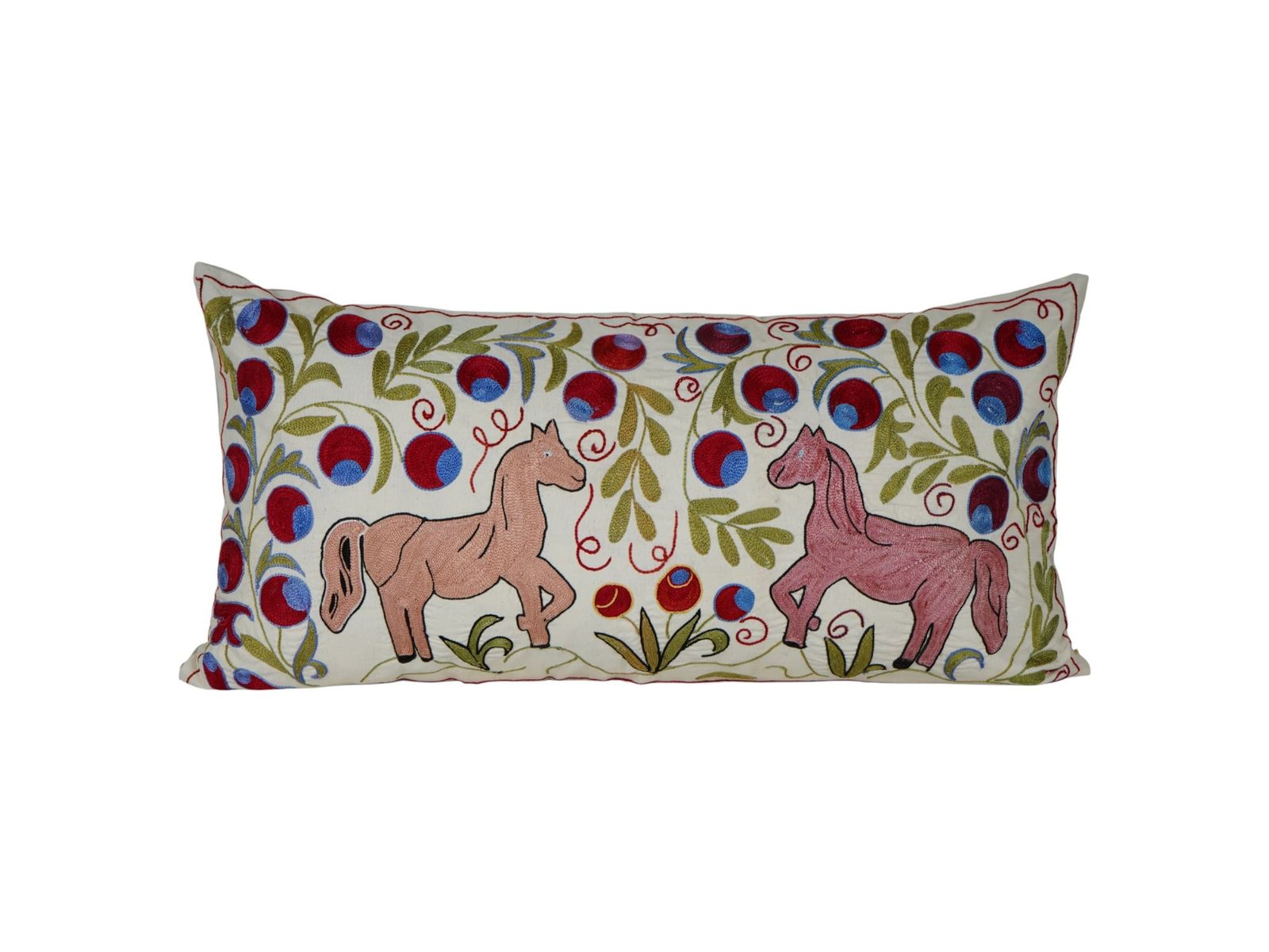 Boho Horse Suzani Lumbar Pillow – Hand Embroidered Decorative Cushion Cover