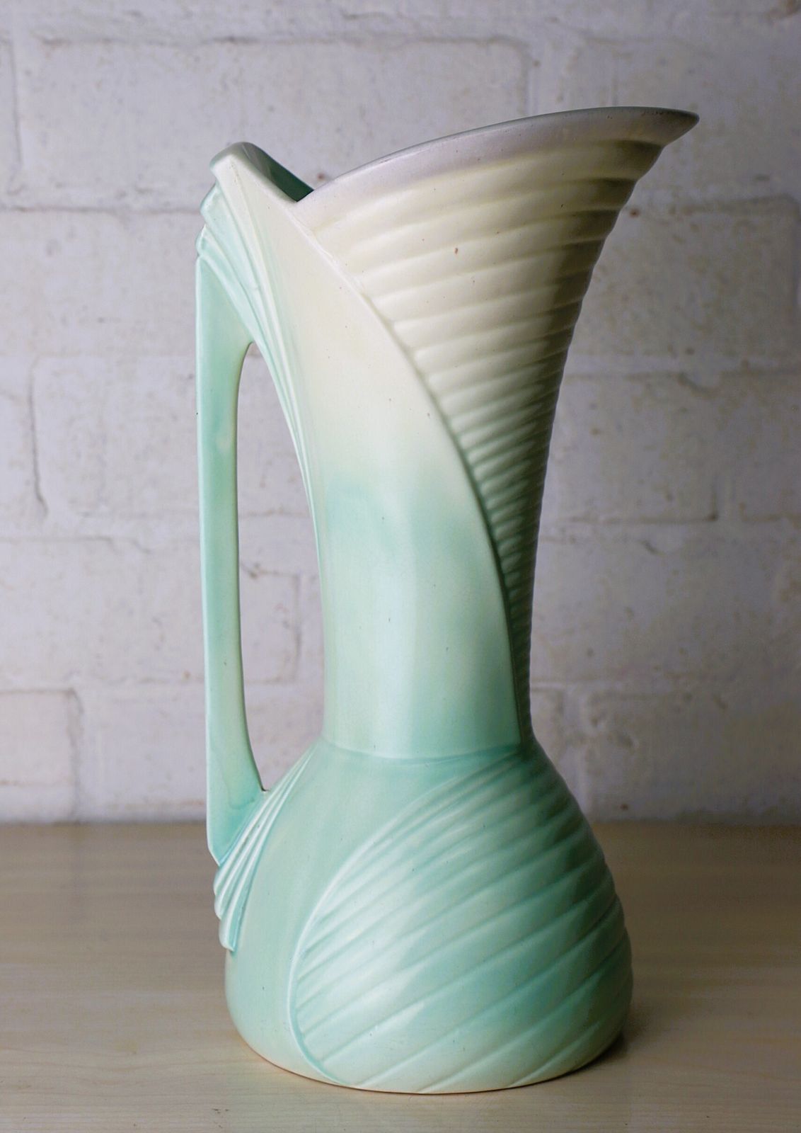 An Original Art Deco Ceramic Vase In Green And Cream With Geometric Details Large Size 31.5 Cm Tall photo furniture