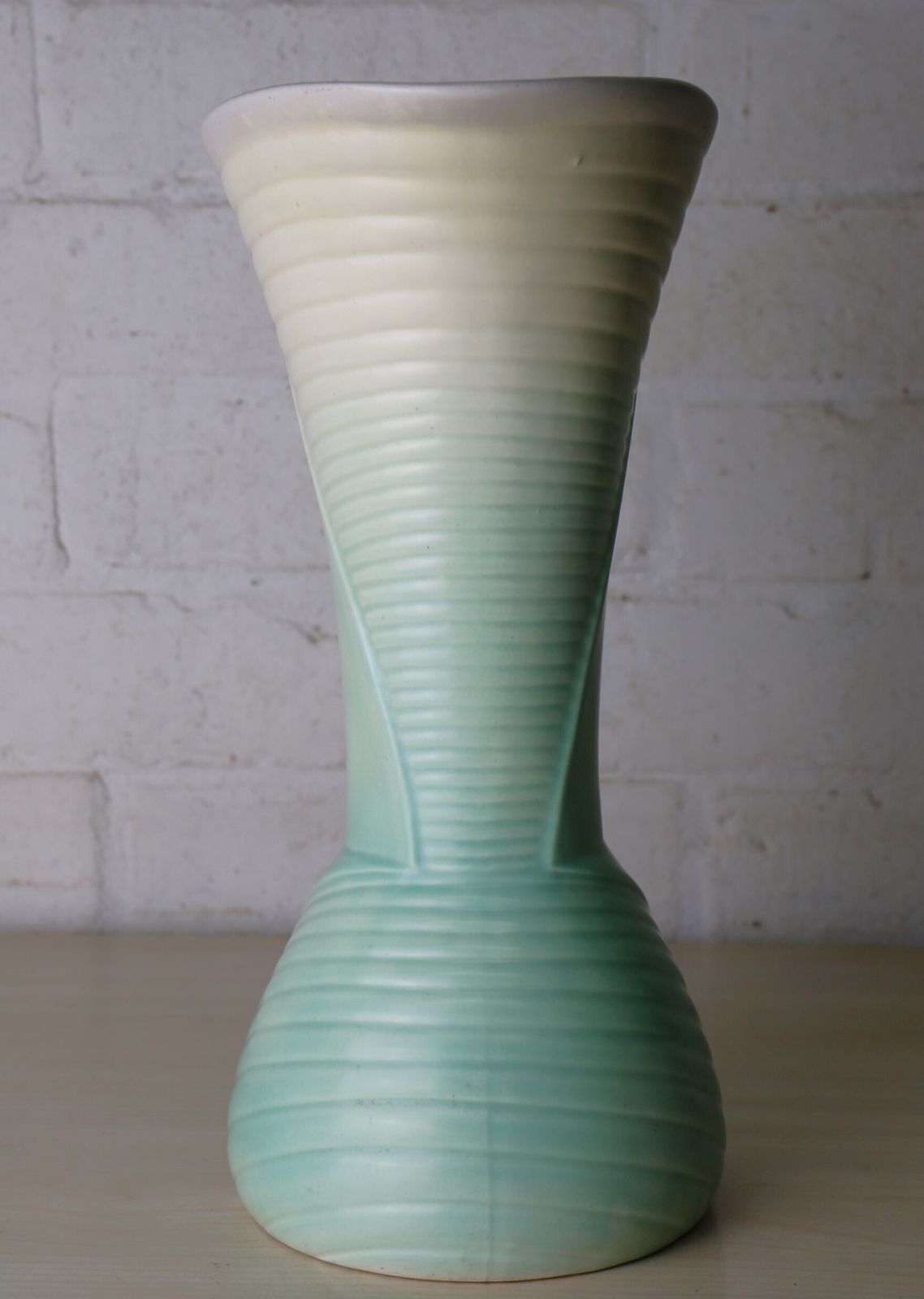 An Original Art Deco Ceramic Vase In Green And Cream With Geometric Details Large Size 31.5 Cm Tall photo for sale