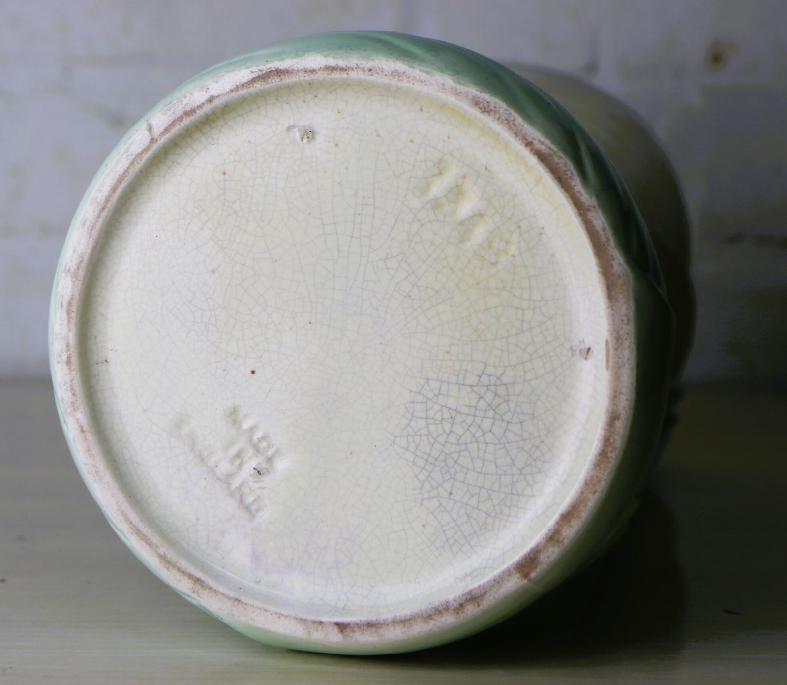 An Original Art Deco Ceramic Vase In Green And Cream With Geometric Details Large Size 31.5 Cm Tall photo 89.0