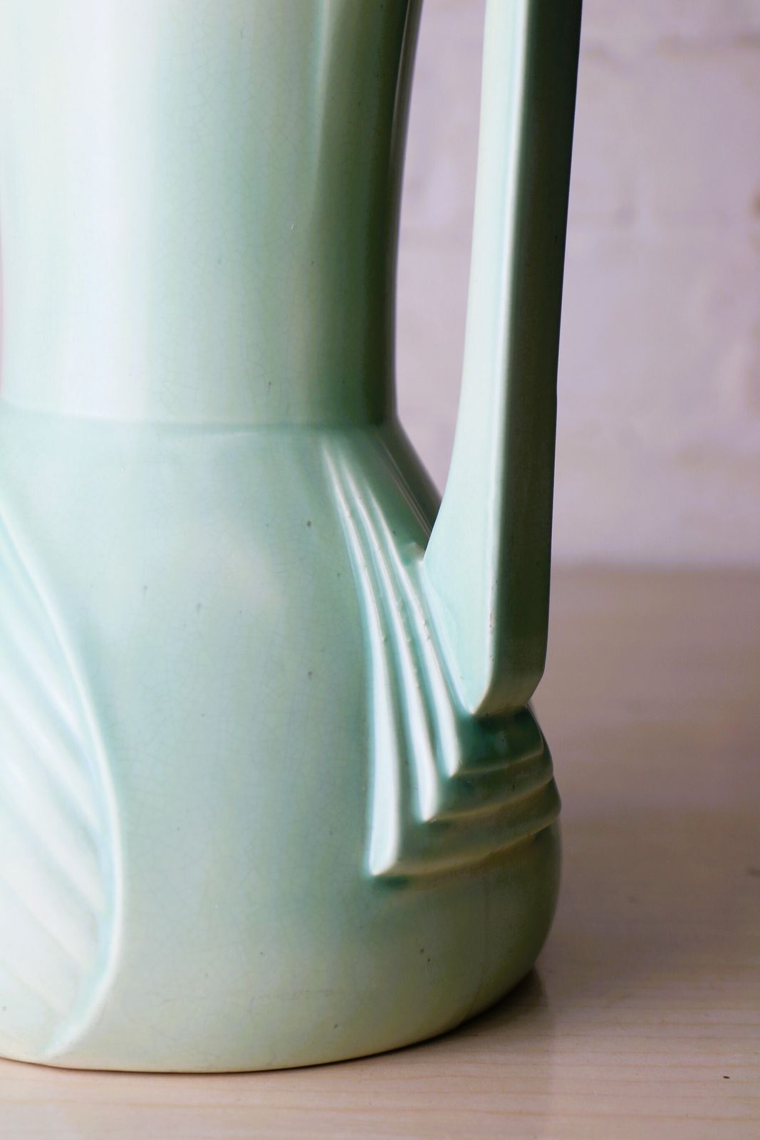 photo for sale An Original Art Deco Ceramic Vase In Green And Cream With Geometric Details Large Size 31.5 Cm Tall