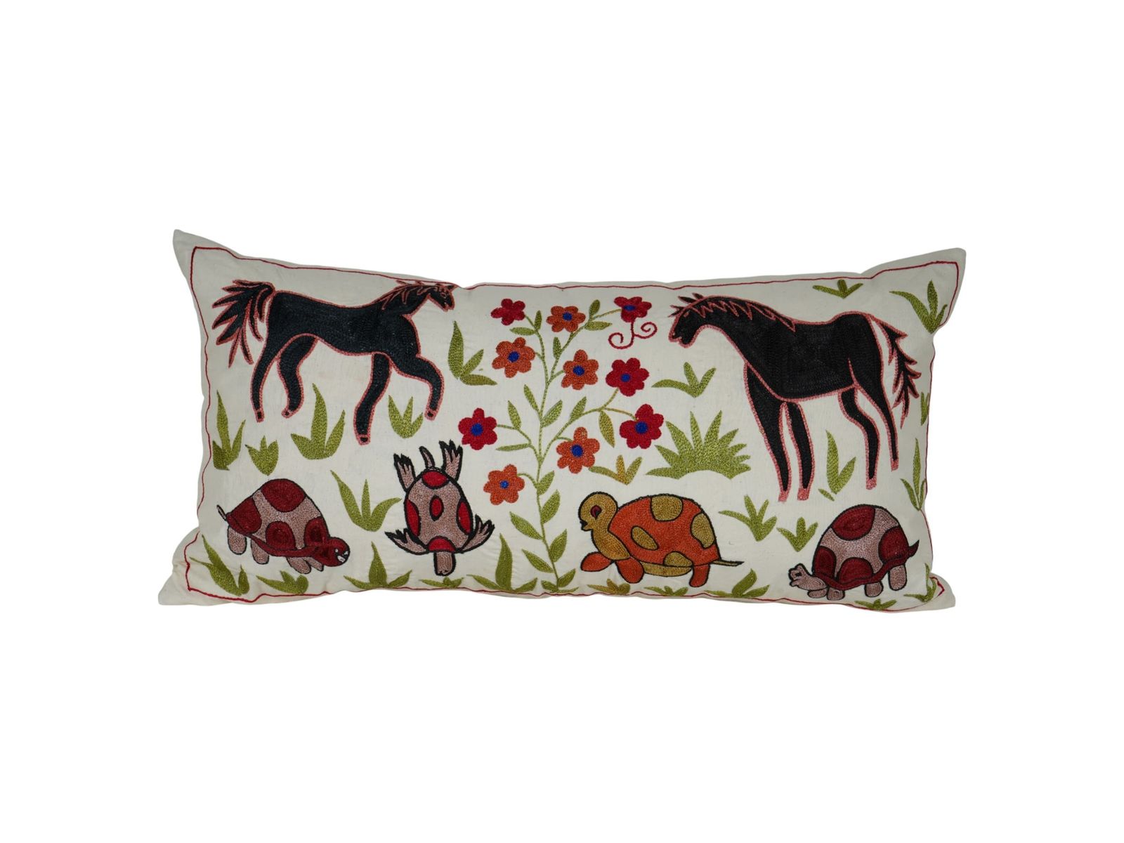 Suzani Pillow Cover, Horse & Turtle Design, Uzbek Cotton