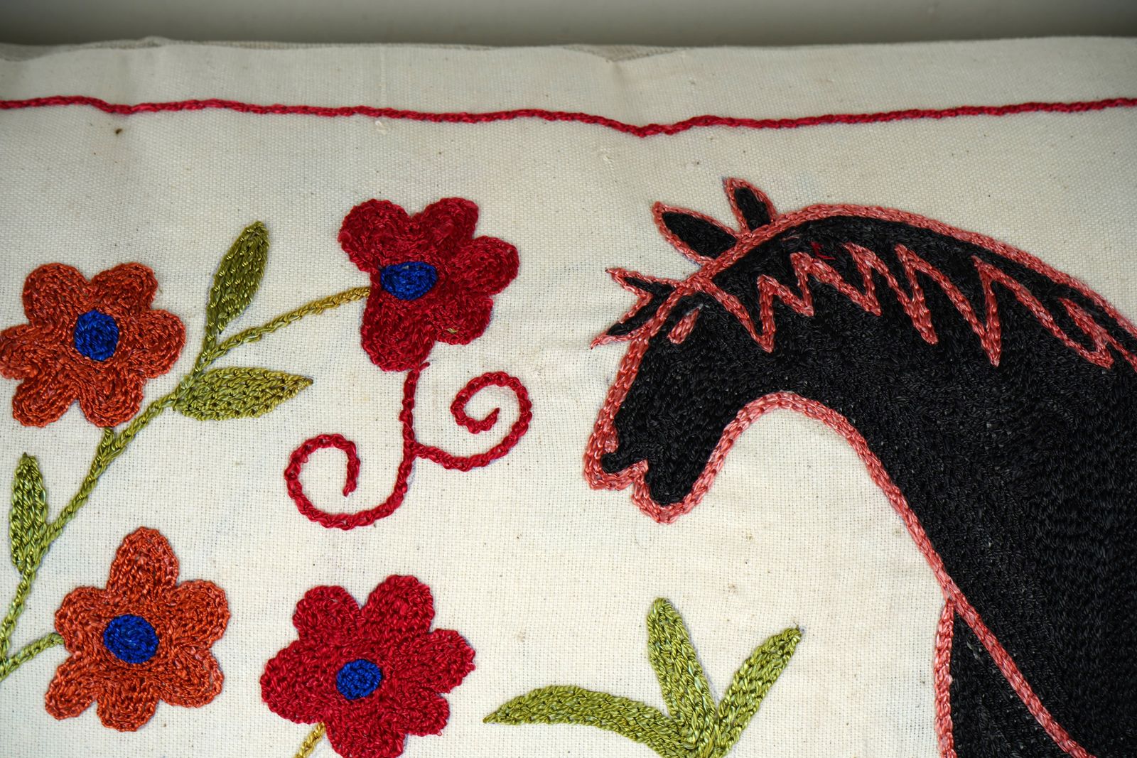 Suzani Pillow Cover, Horse & Turtle Design, Uzbek Cotton photo for sale