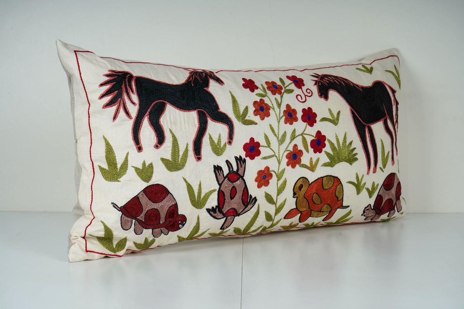 Suzani Pillow Cover, Horse & Turtle Design, Uzbek Cotton photo 105.0