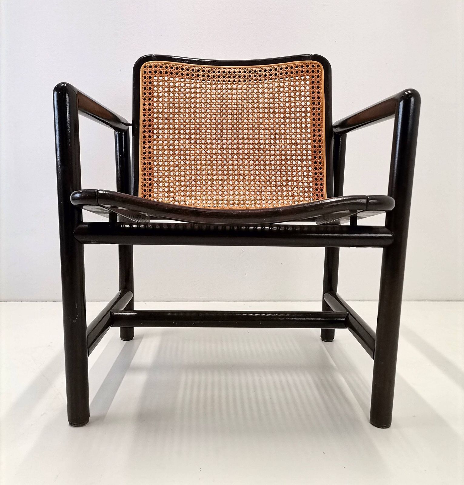 Modern Cane Lounge Chair / Branko Uršič For Stol Kamnik / 1980s Yugoslavia Wood And Cane Net Armchair photo furniture