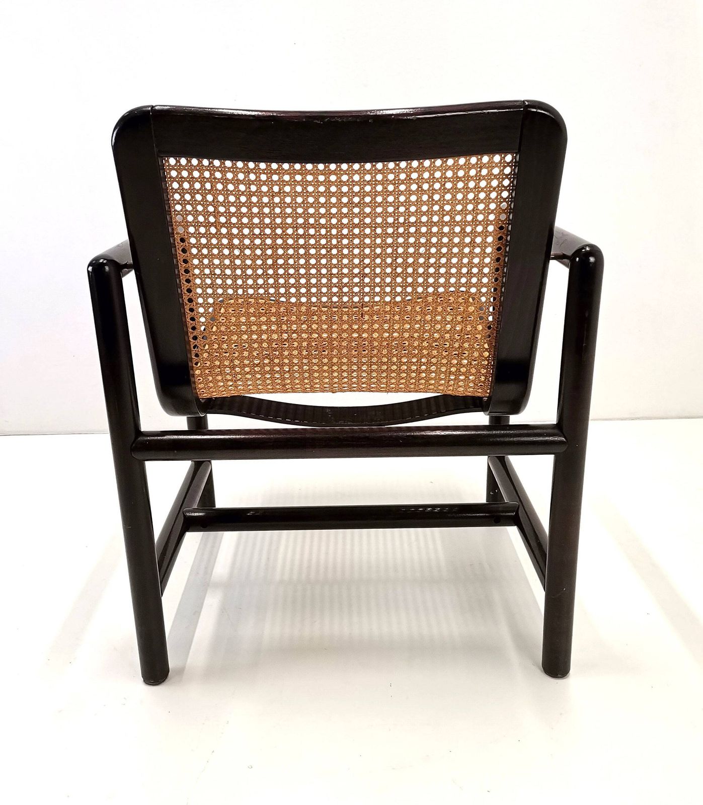 Modern Cane Lounge Chair / Branko Uršič For Stol Kamnik / 1980s Yugoslavia Wood And Cane Net Armchair photo for sale