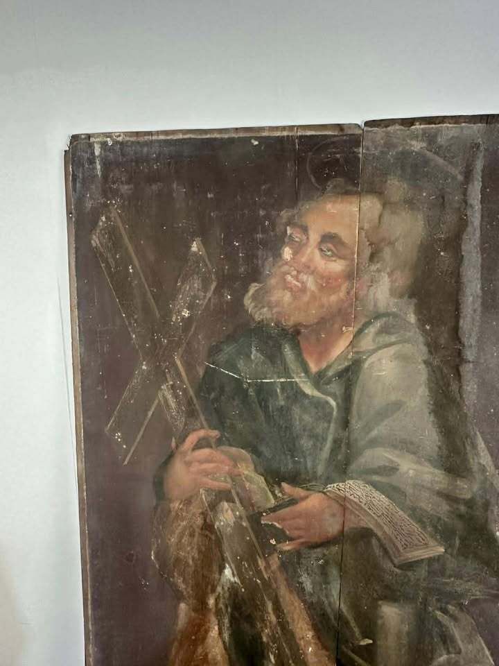photo for sale 17/18th Century Polychrome Painted Pine Ecclesiastical Panel Depicting St Jude