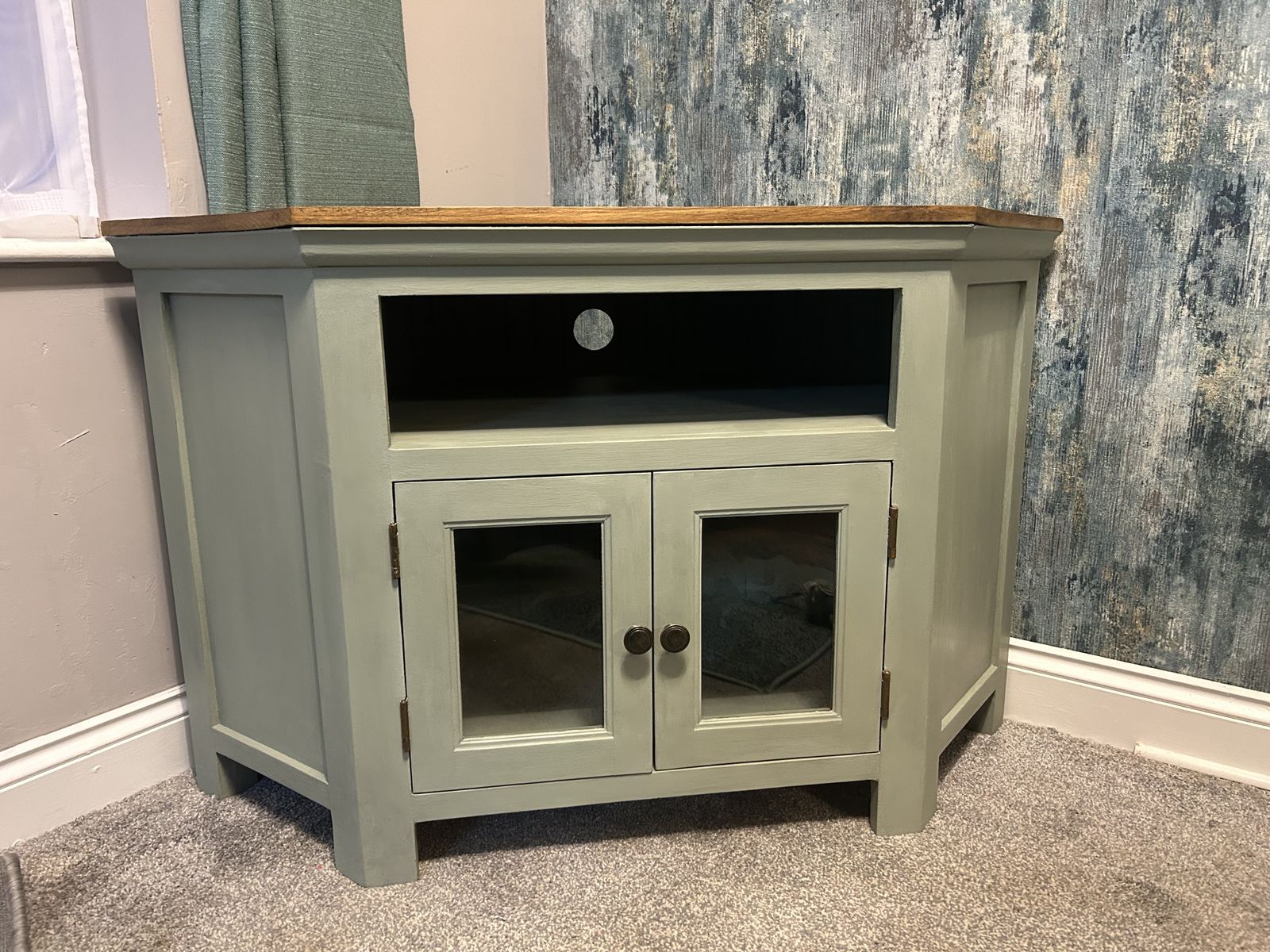 Upcycled Green Solid Wood Corner Tv Stand