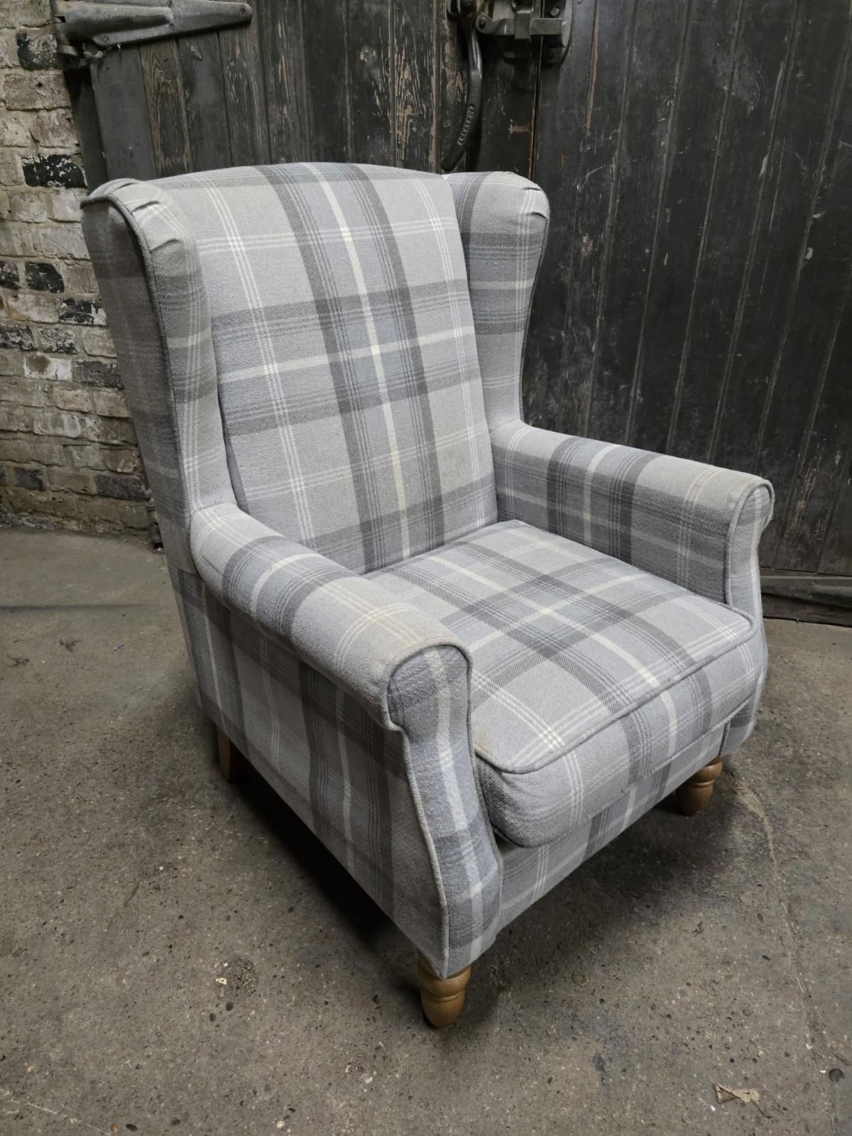 Grey Tartan Fabric Wingback Armchair Chair photo vinterior