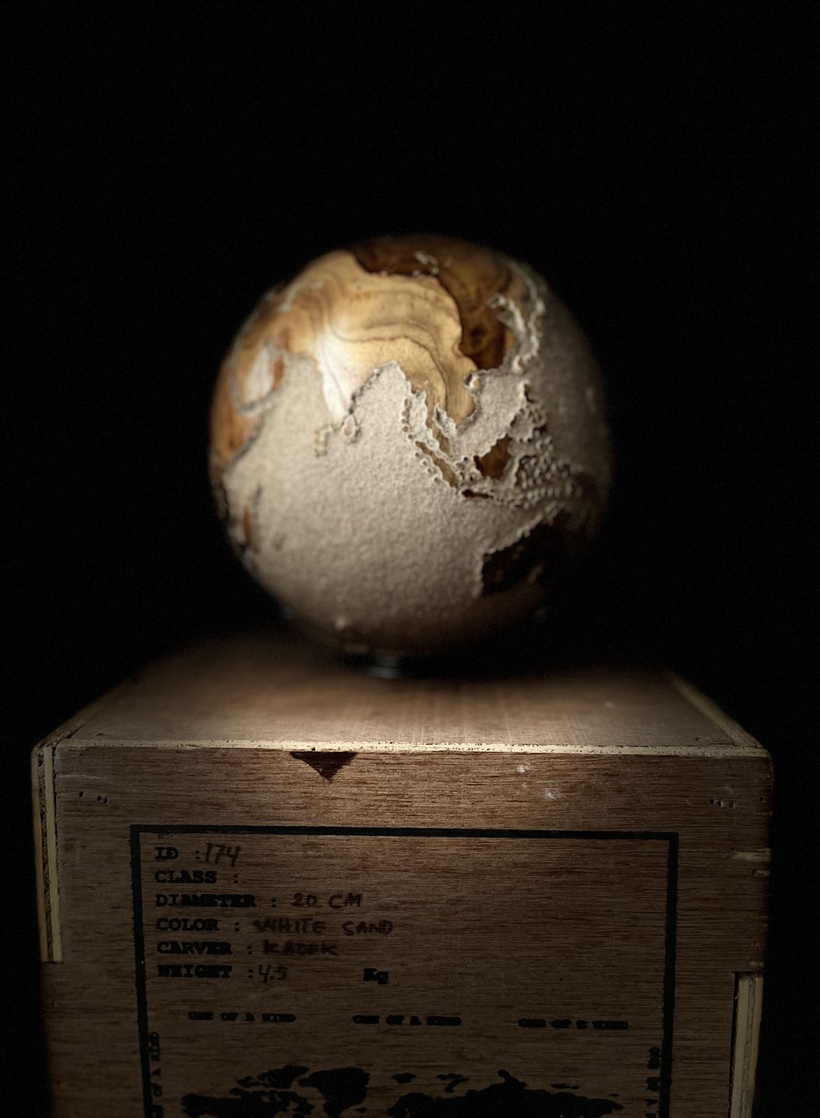 White Teak Wood & Volcanic Sand Globe By Bruno Helgen  Id 174  Wood Globe Sculpture photo 1195.0
