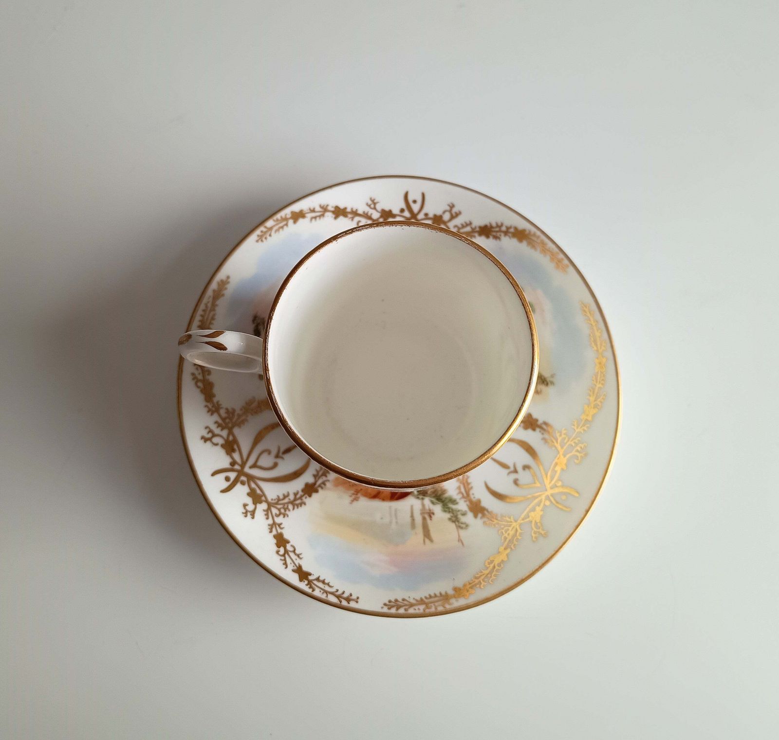 Antique Hand Painted Landscape And Gilt Crests Porcelain Cup & Saucer, Austria 19th Century photo vintage