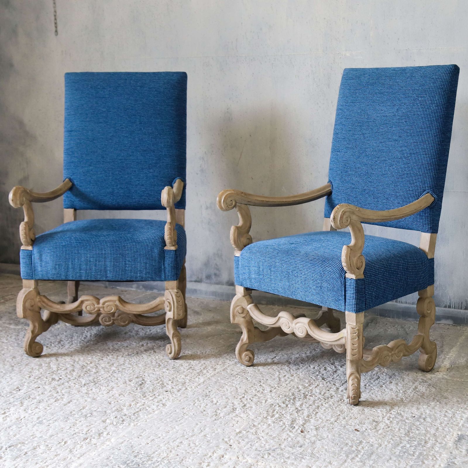 photo for sale Pair Of 19th Century Dutch Carved Walnut Sculptural & High Back Armchairs   Reupholstered