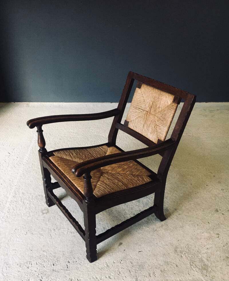 Arts & Crafts Style Design Oak & Rush Low Armchair, Belgium 1920's photo for sale