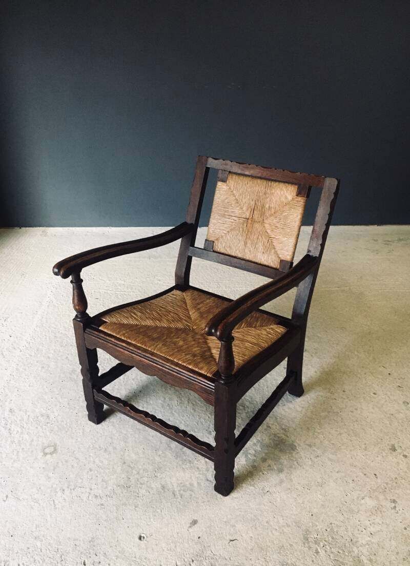 Arts & Crafts Style Design Oak & Rush Low Armchair, Belgium 1920's photo Furniture
