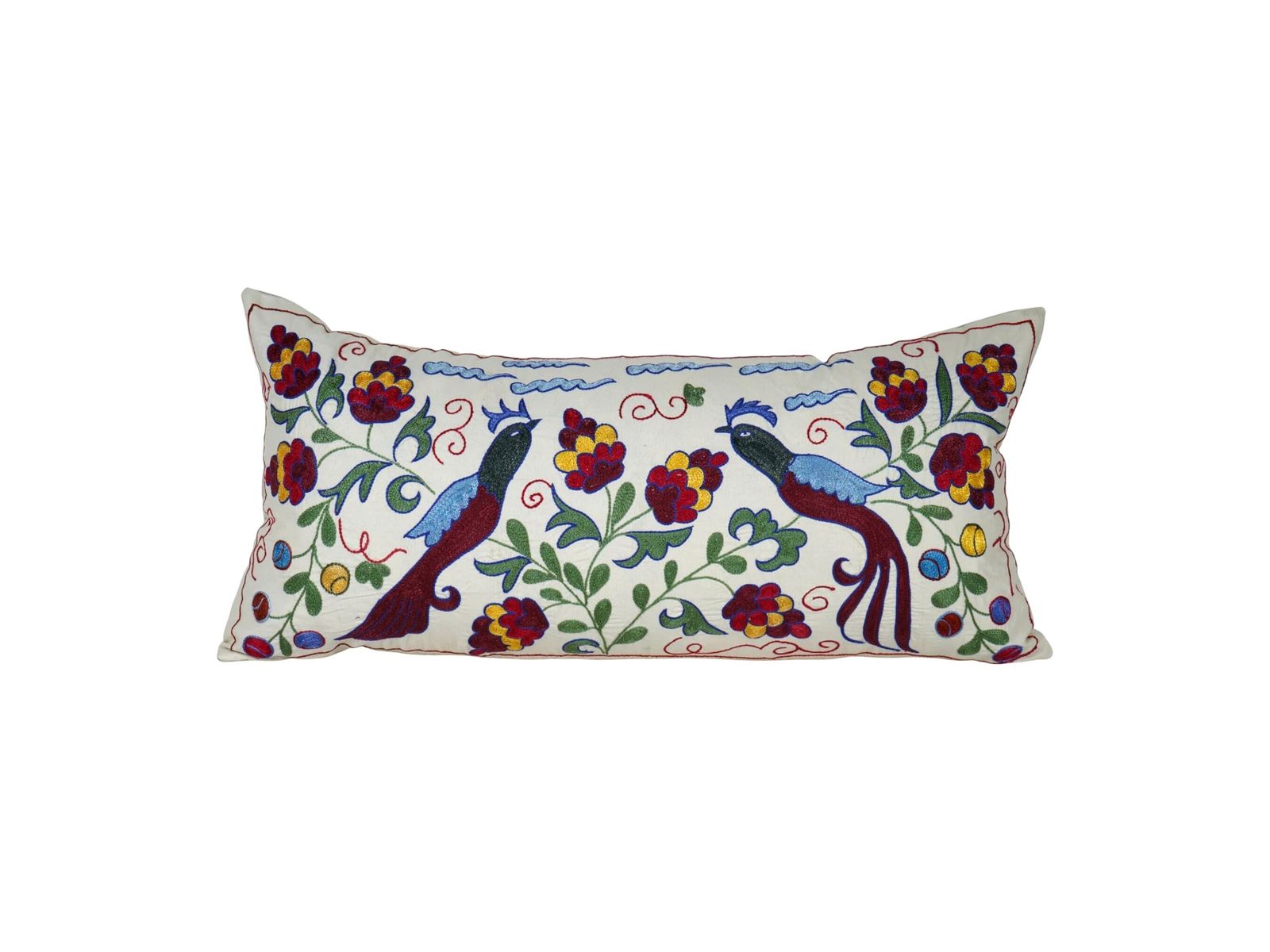 Peacock Suzani Pillow Cover – Hand Embroidered Floral Lumbar Cushion