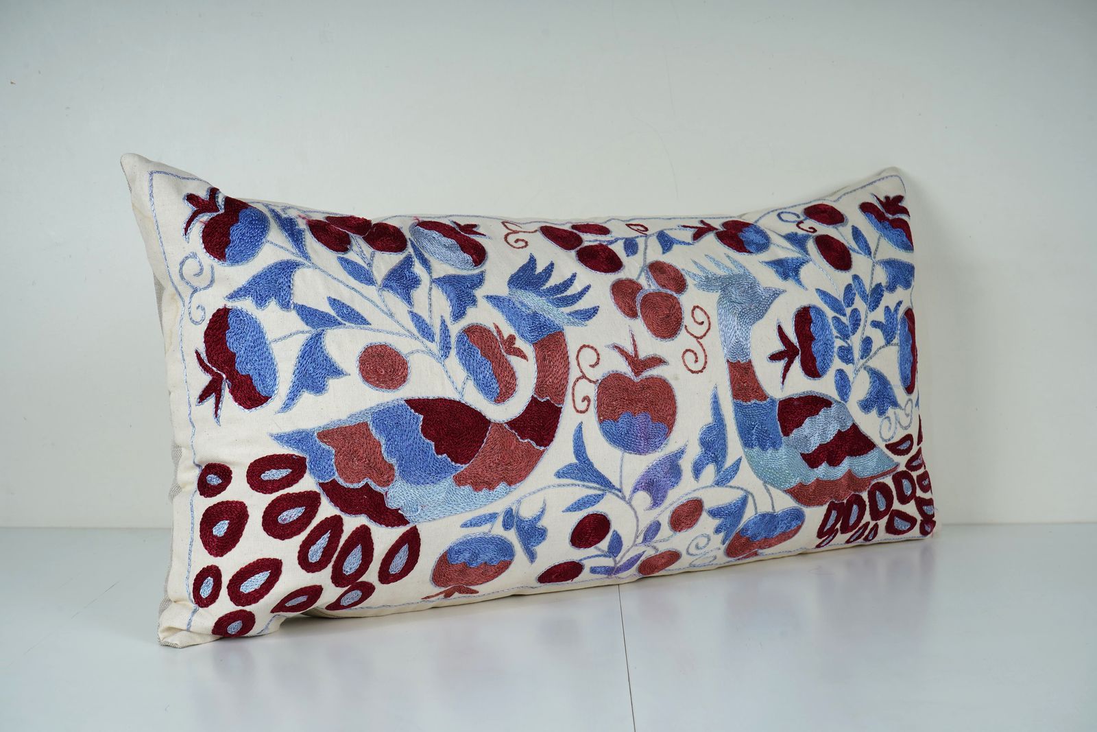 Hand Embroidered Suzani Lumbar Pillow Cover – Vintage Uzbek Peacock Design photo for sale