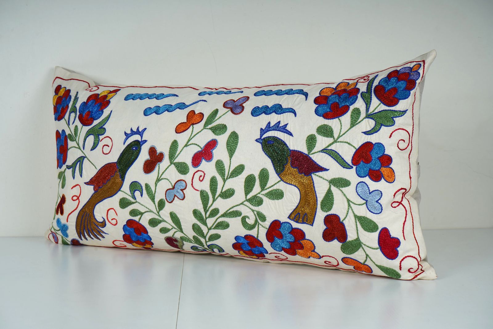 Hand Embroidery Pictorial Bird Suzani Pillow Cover, Animal Uzbek Pillow, Ethnic Designer Pillow Case photo Textiles
