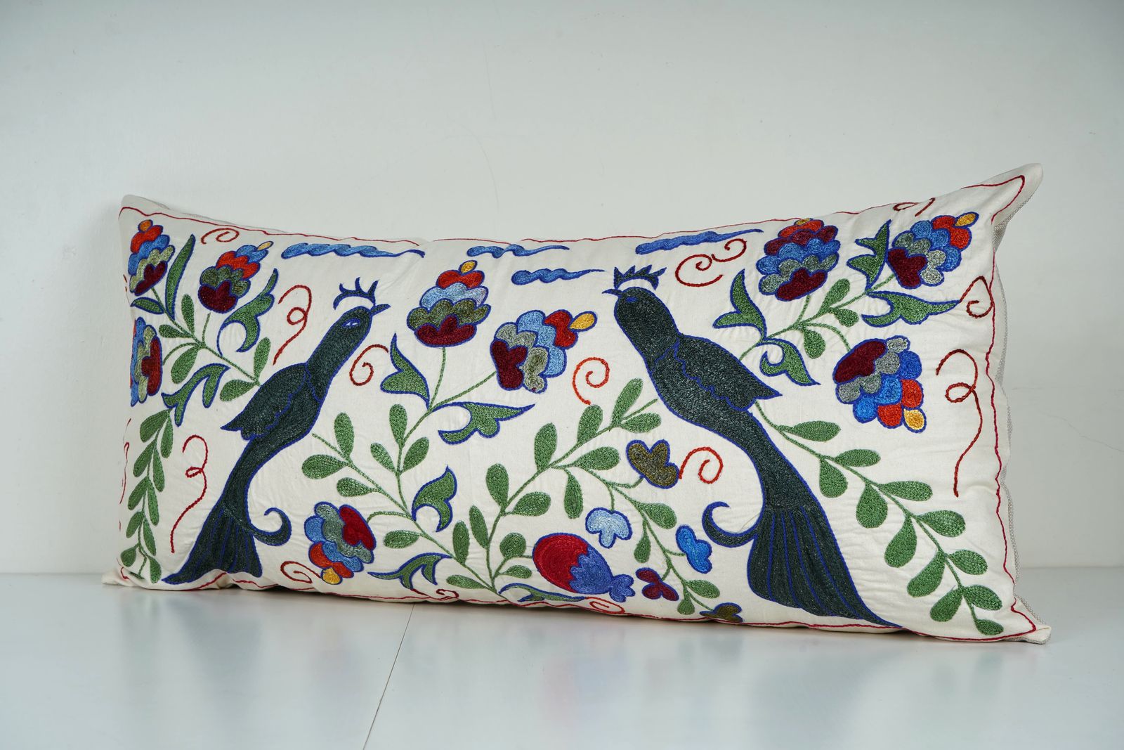 Vintage Suzani Lumbar Pillow Cover – Uzbek Bird Embroidery photo furniture