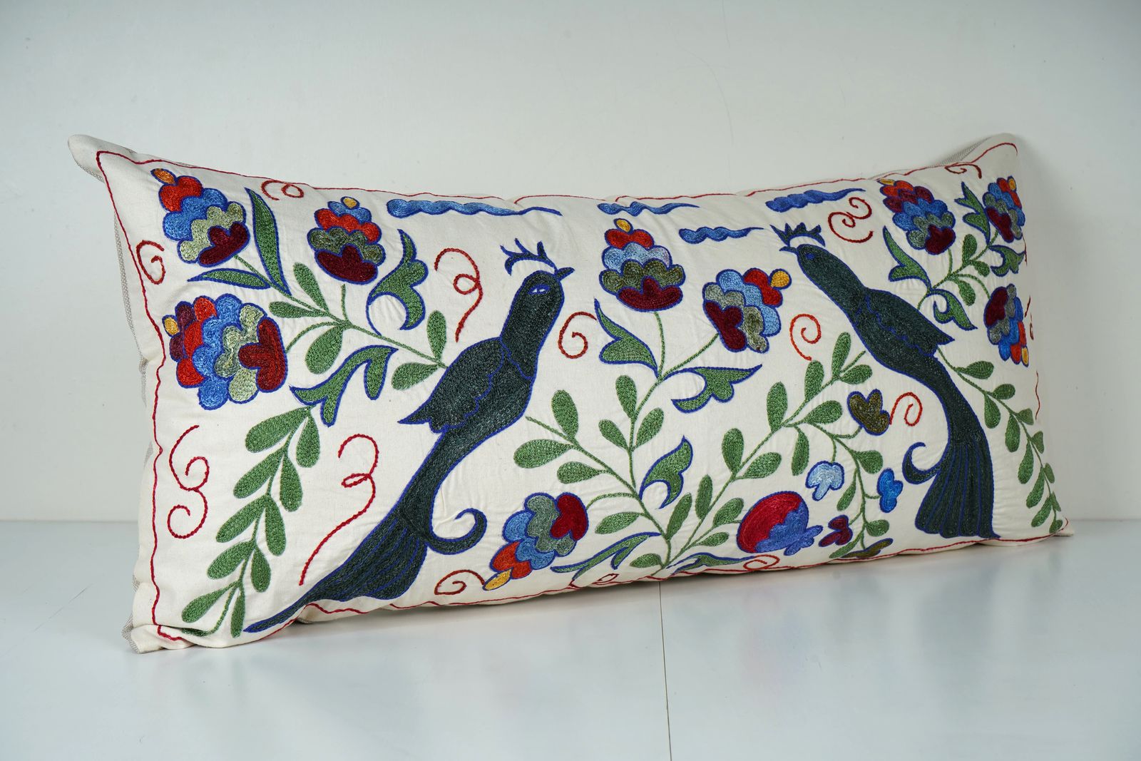 Vintage Suzani Lumbar Pillow Cover – Uzbek Bird Embroidery photo Textiles