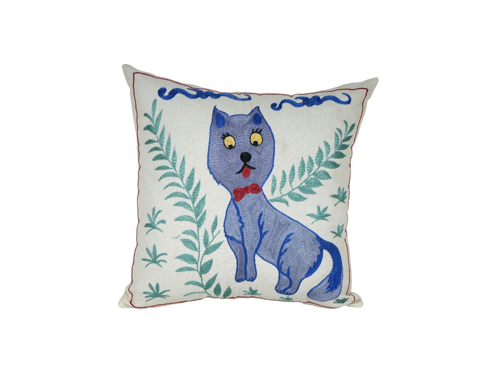 Purple Cat Embroidered Pillow – Suzani Art Cushion, Unique Handmade Home Decor