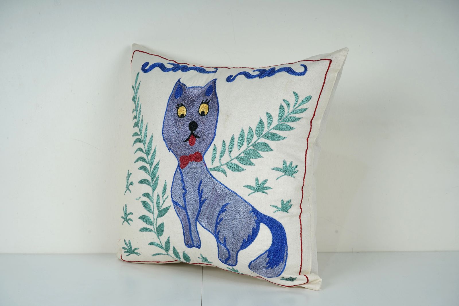 Purple Cat Embroidered Pillow – Suzani Art Cushion, Unique Handmade Home Decor photo furniture