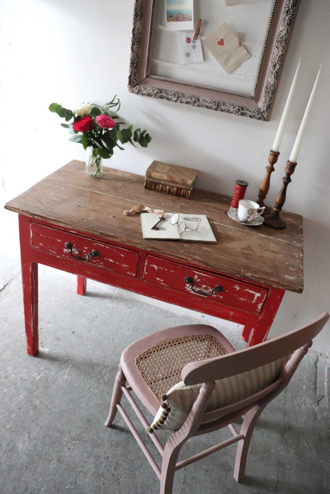 Charming Small Rustic Pine And Red Painted Vintage Desk, Kitchen Or Work Table With Drawers photo furniture