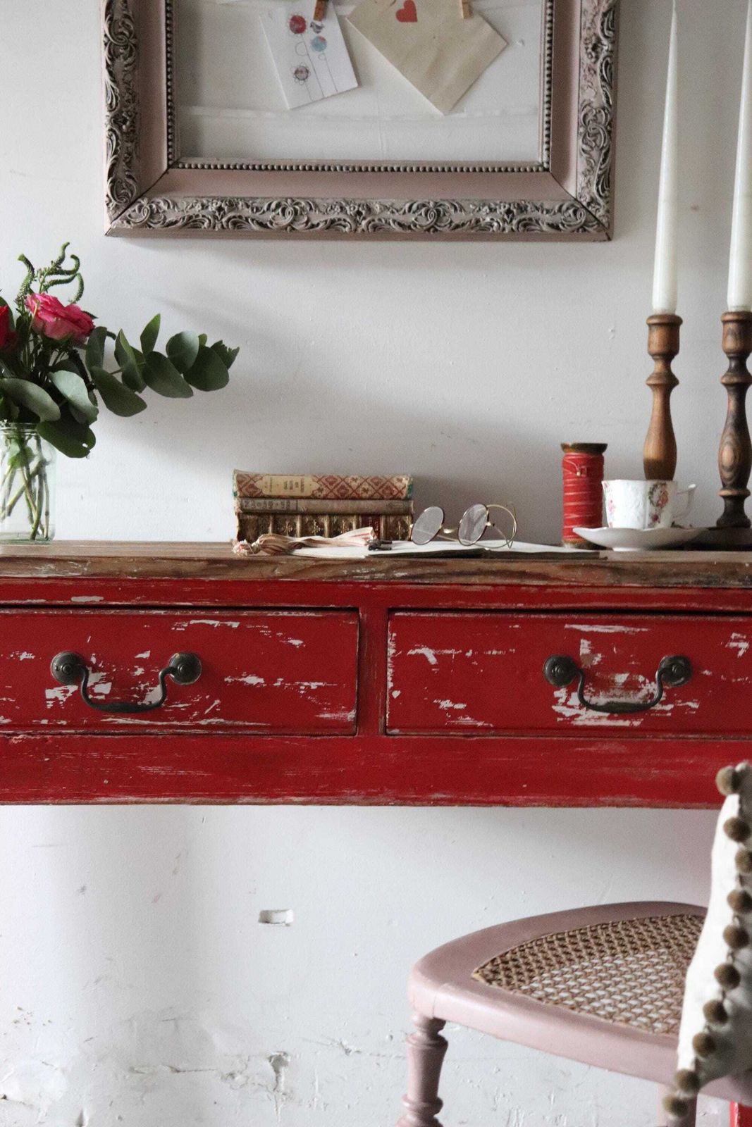 Charming Small Rustic Pine And Red Painted Vintage Desk, Kitchen Or Work Table With Drawers photo 650.0