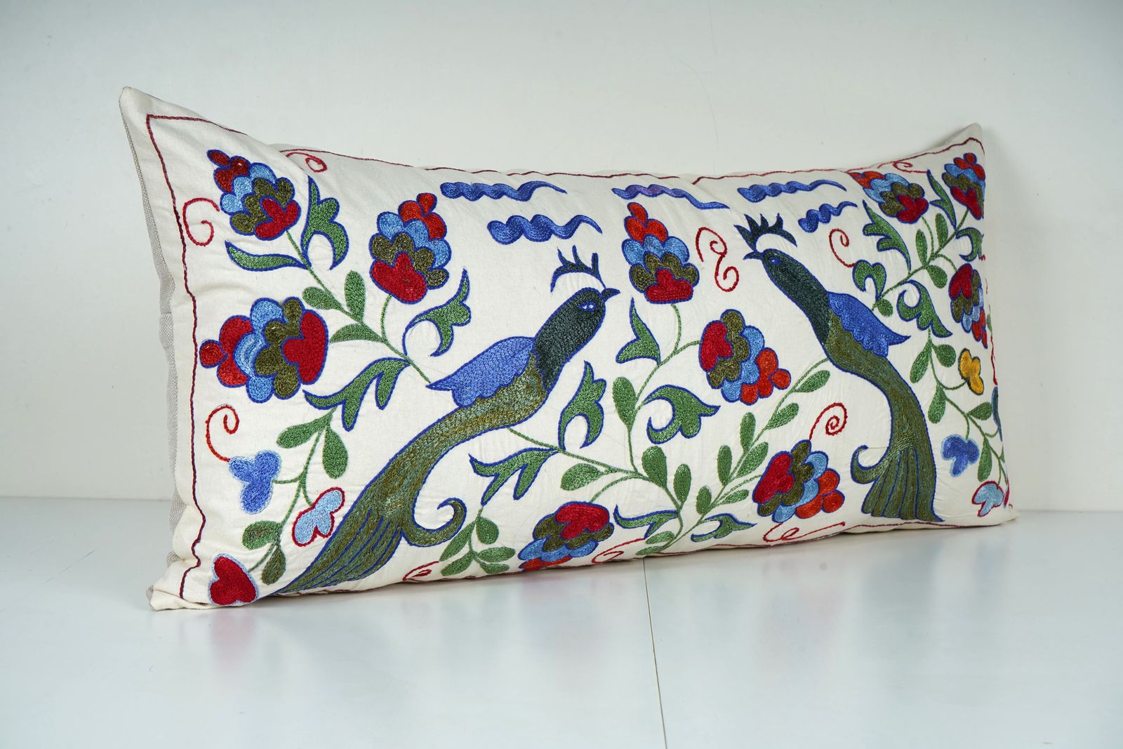 Uzbek Suzani Pillow Cover, Bird Embroidery, Handmade Lumbar Cushion photo furniture