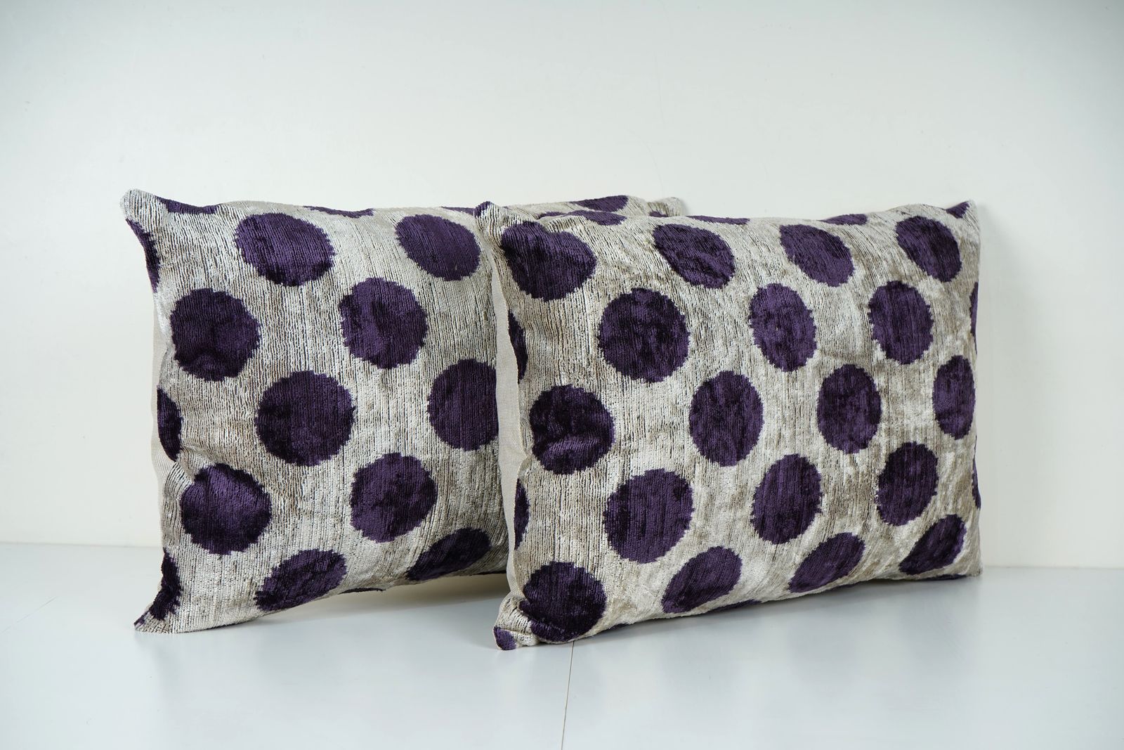Purple Silk Velvet Ikat Pillow Cover, Polka Dot Lumbar Cushion, Set Of Two photo for sale