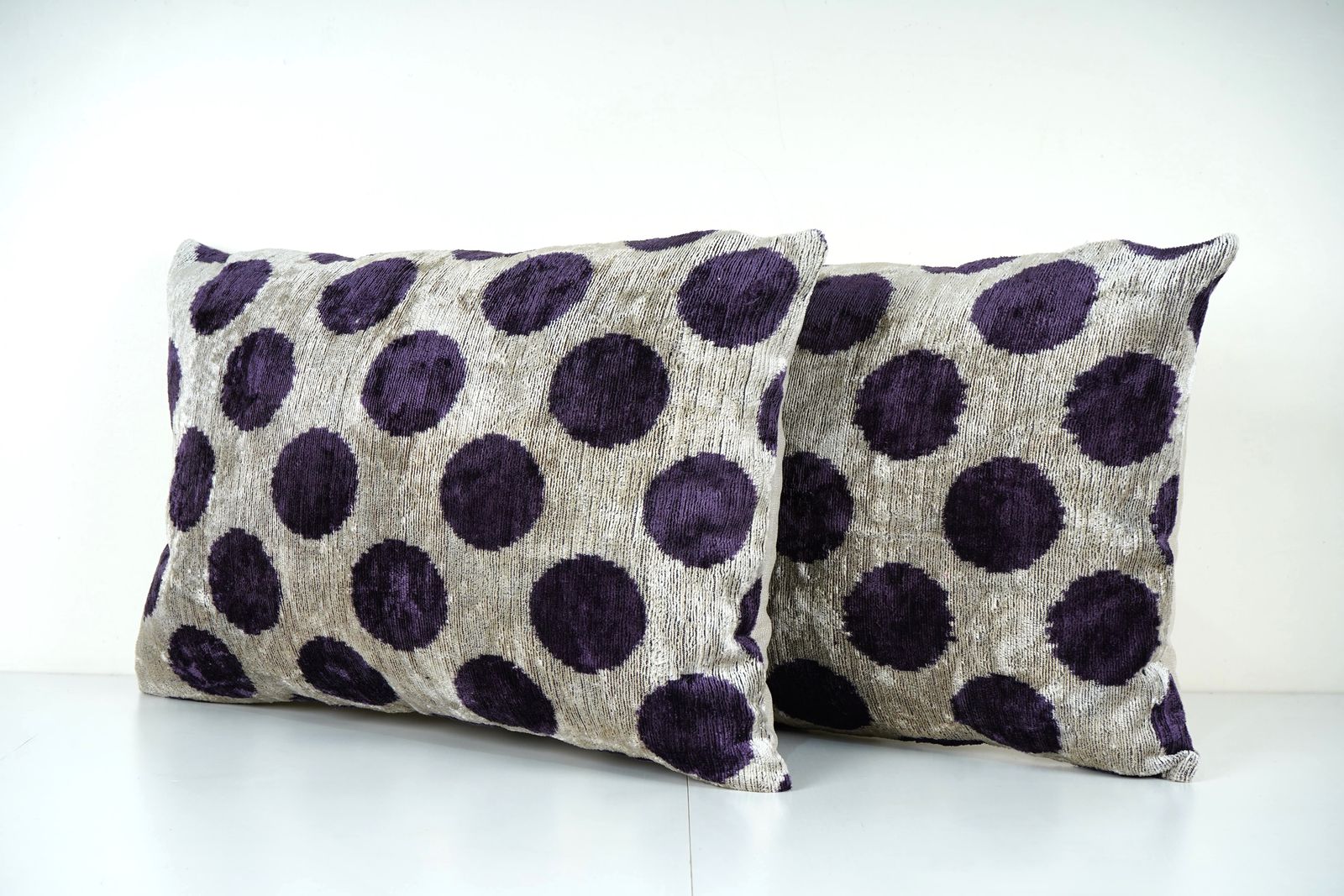 Purple Silk Velvet Ikat Pillow Cover, Polka Dot Lumbar Cushion, Set Of Two photo Textiles