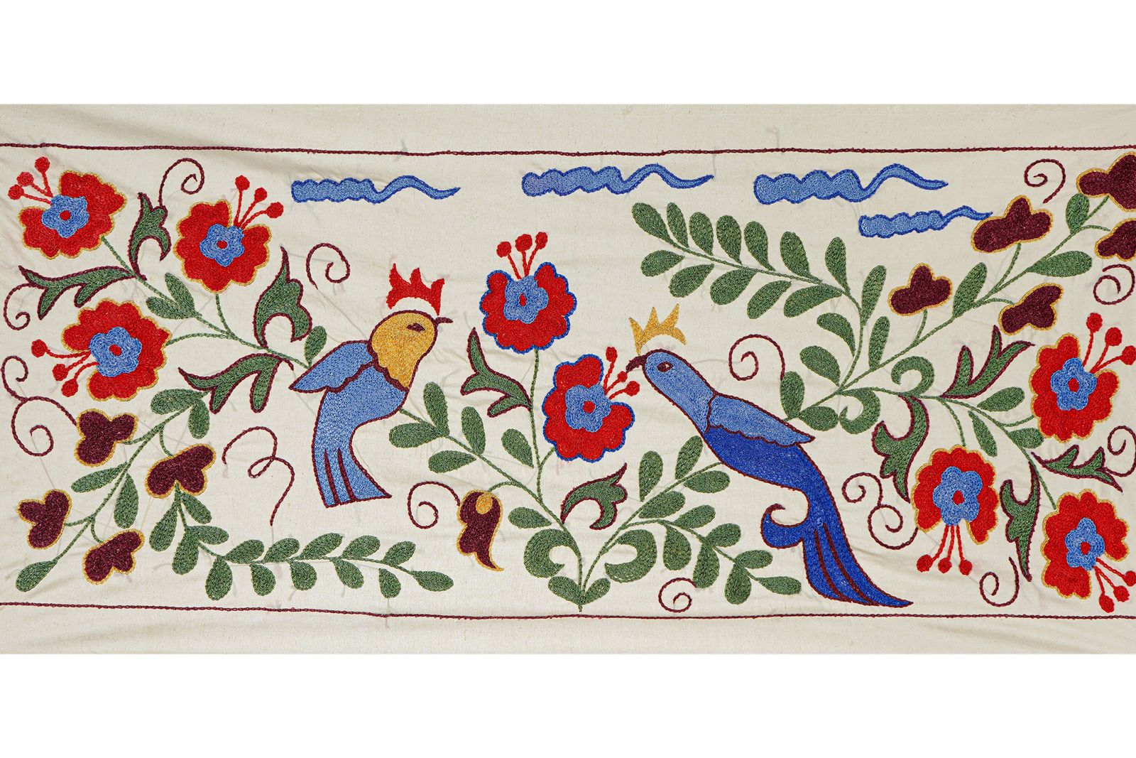 Uzbek Suzani Animal Cotton Tablecloth, 19th Century Bukhara Wall Hanging Decor   Cotton Bird Runner photo for sale