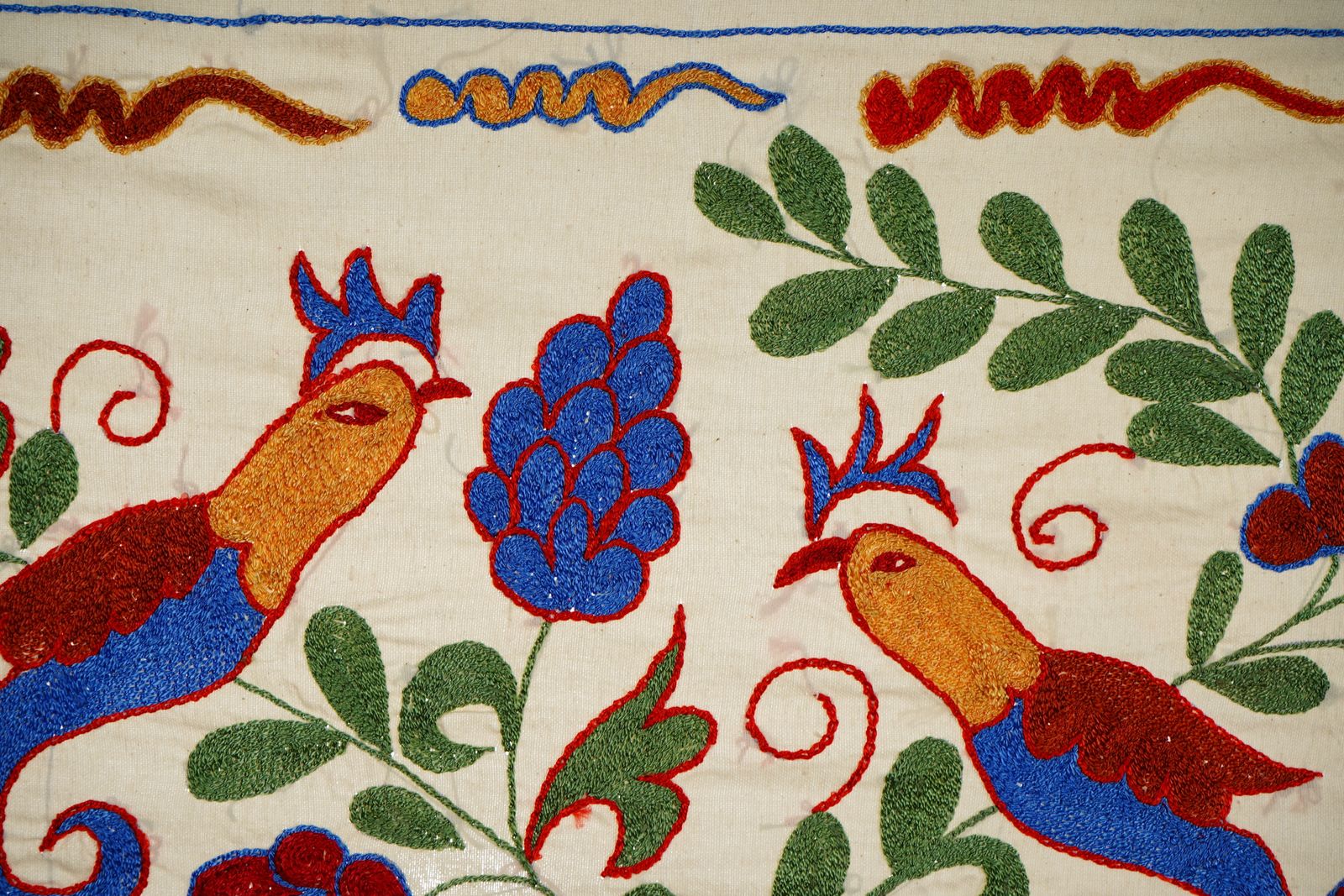 Uzbek Suzani Embroidery | Colorful Bird & Floral Motif Wall Tapestry Art 1'4'' X 3'1'' photo furniture