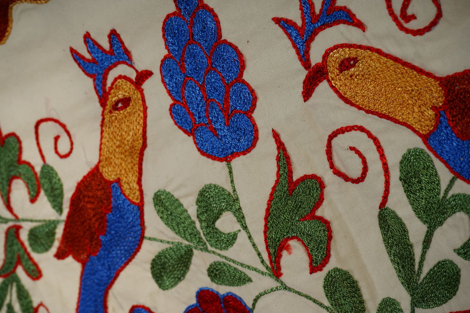 Uzbek Suzani Embroidery | Colorful Bird & Floral Motif Wall Tapestry Art 1'4'' X 3'1'' photo 100.0