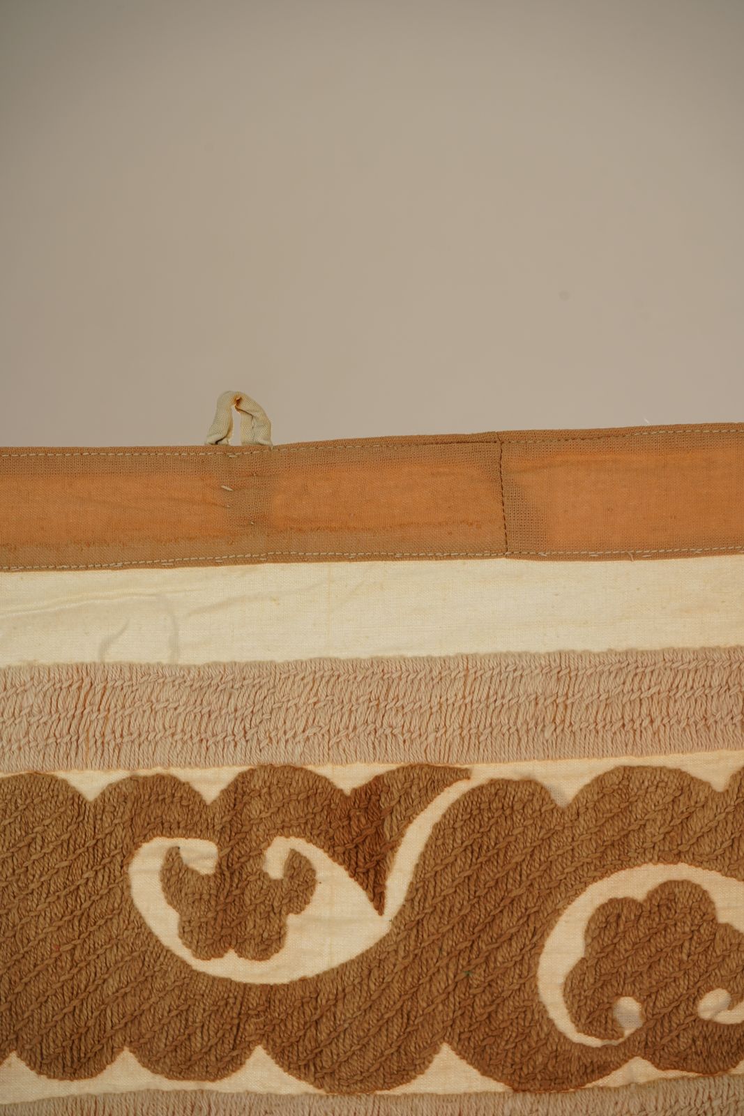 Handmade Suzani Tablecover – Tan Beige Textile With Emerald & Red Boho Details 3'9'' X 4'2'' photo for sale