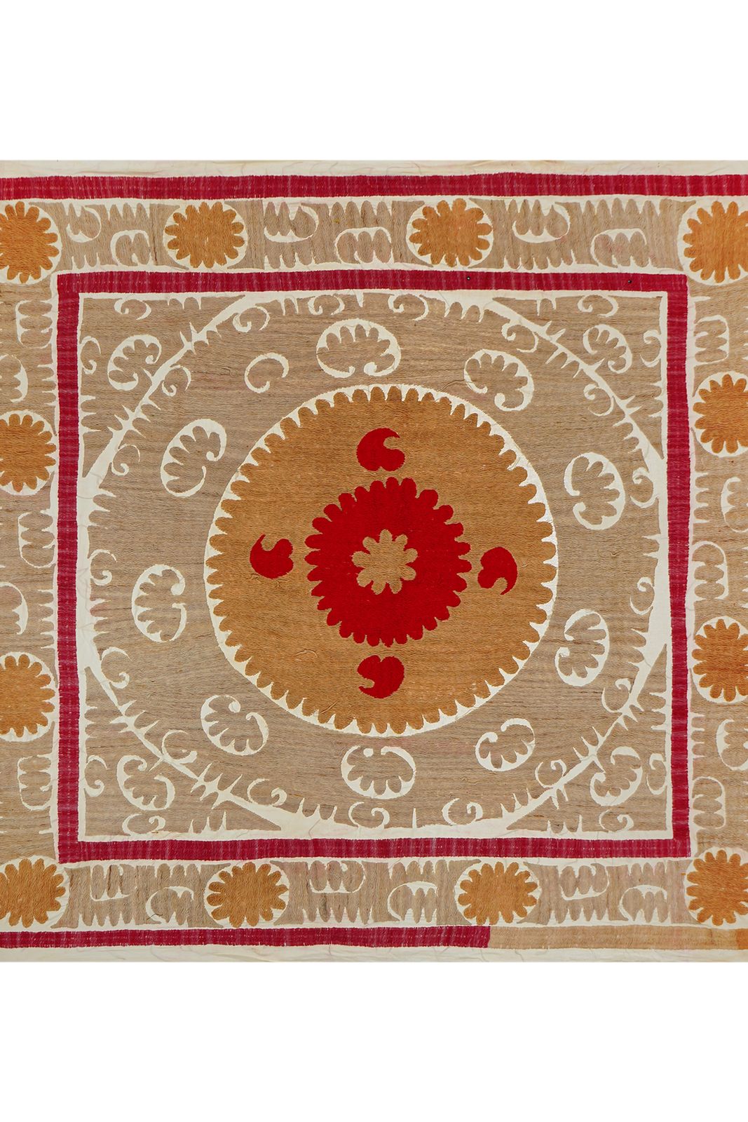 Handmade Suzani Tablecover – Red Terracotta Beige  Textile, Style Decorative Table Cloth For Home & Dining 4'1'' X 4'2'' photo for sale