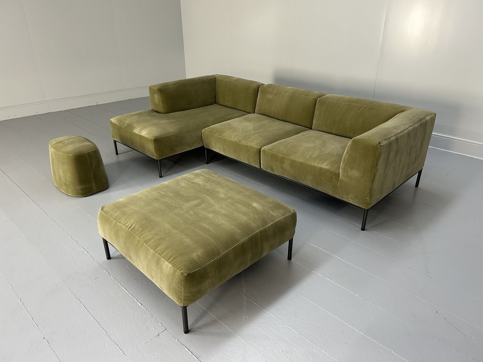 B&B Italia "Michel Effe" L Shape Sofa, Chaise And Footstools In Sage Velvet