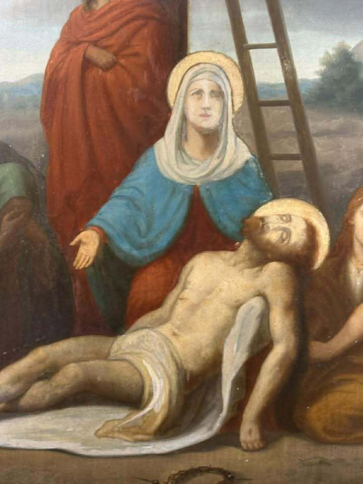 Early 20th Century 'Pieta' Italian School Oil On Zinc photo vintage