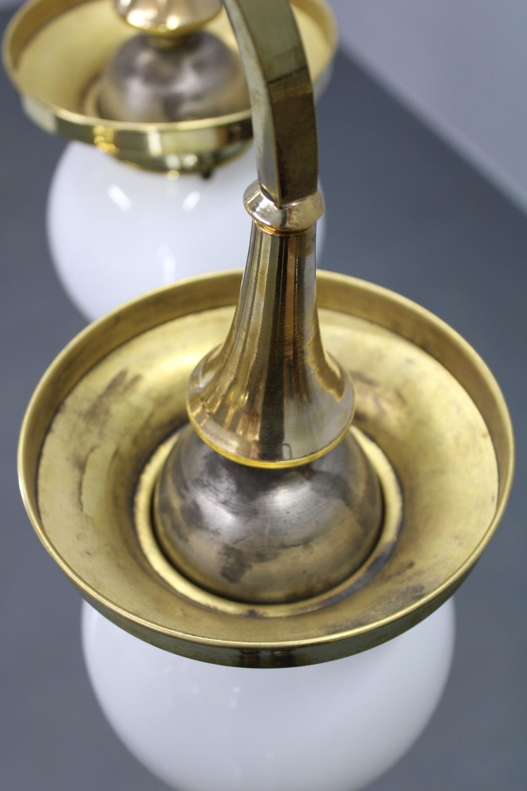 1930s Czechoslovak Art Deco Brass Chandelier With Five Opaline Glass Globes photo vinterior