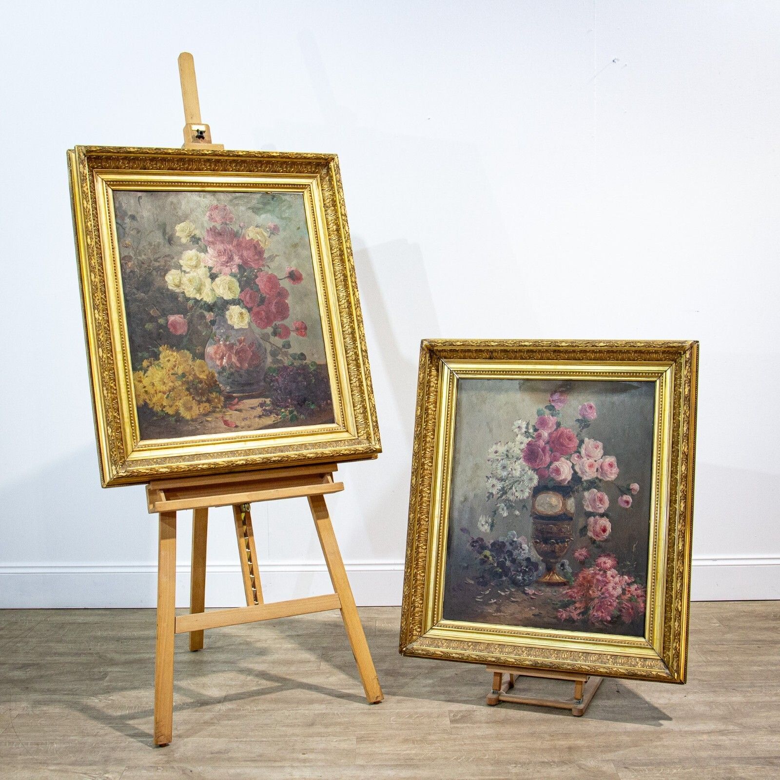 Pair Of Henry Schouten Flower Oil Paintings On Oak Board