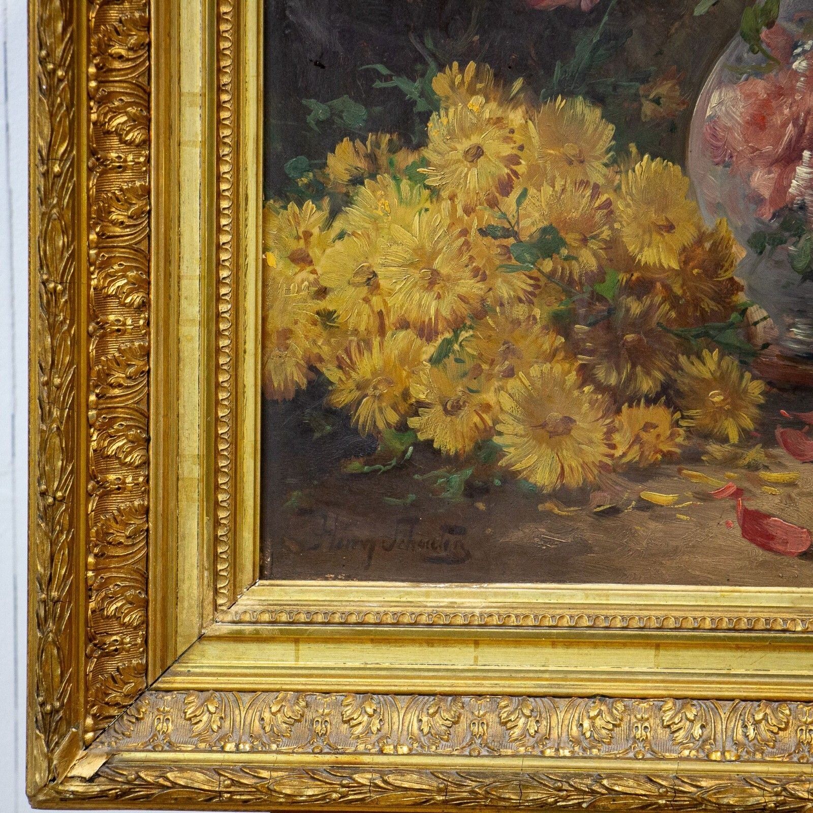 Pair Of Henry Schouten Flower Oil Paintings On Oak Board photo Art