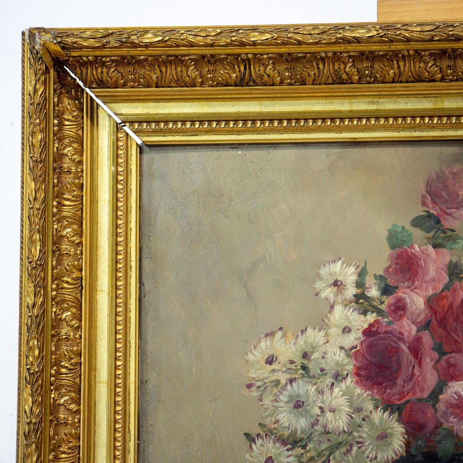 Art Pair Of Henry Schouten Flower Oil Paintings On Oak Board photo