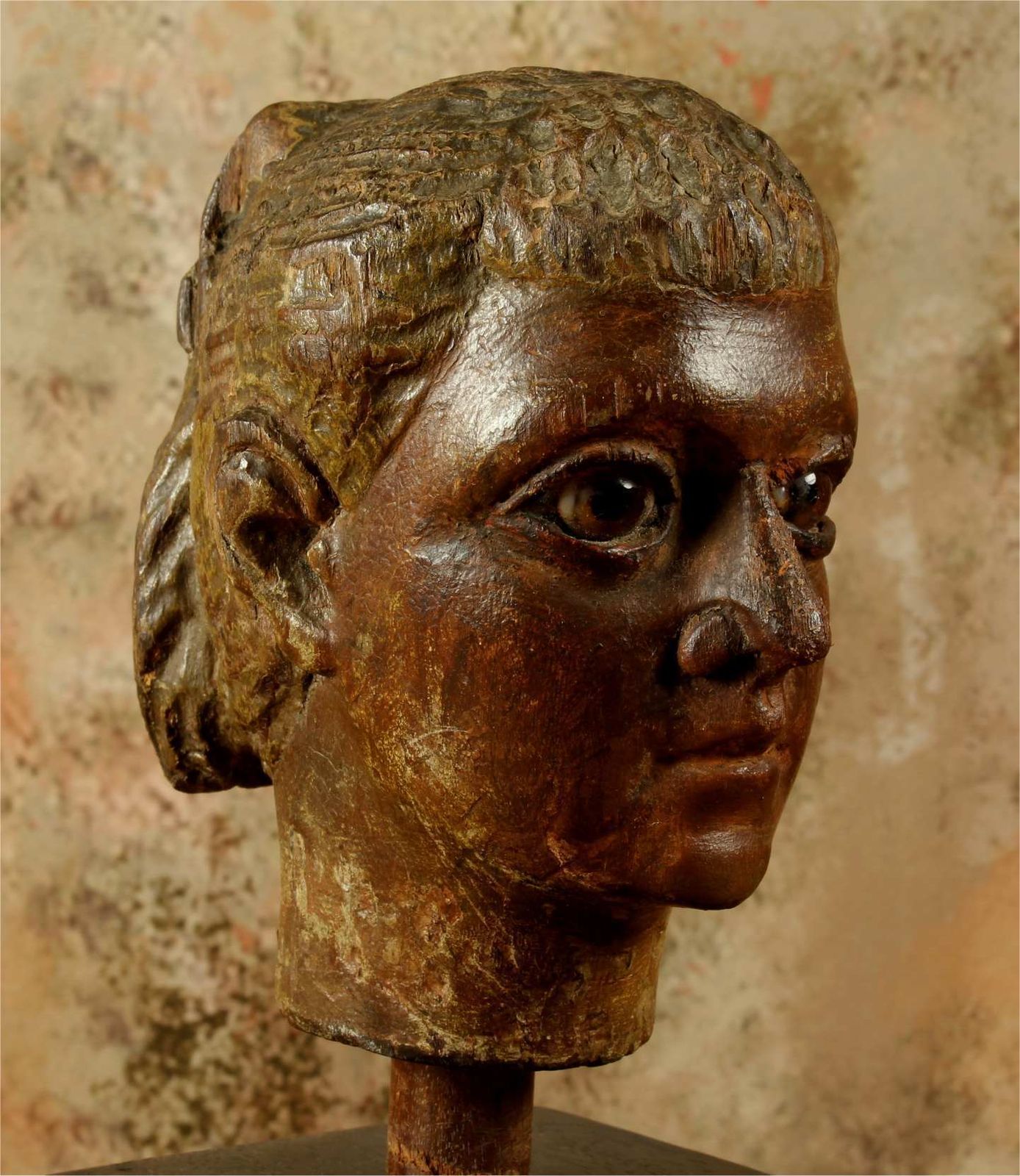 photo for sale Antique Carved Wood Head. 18th Century Italian Polychrome Statue Carving.
